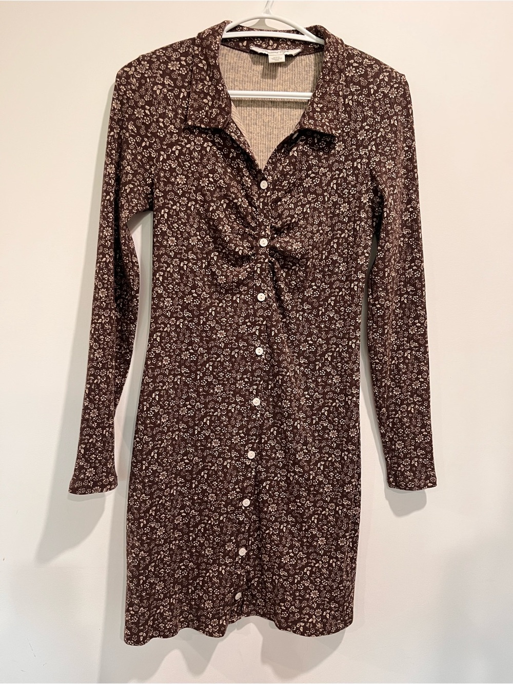 American Eagle Ditsy Floral Long Sleeve Button-Front Dress Brown Cottagecore